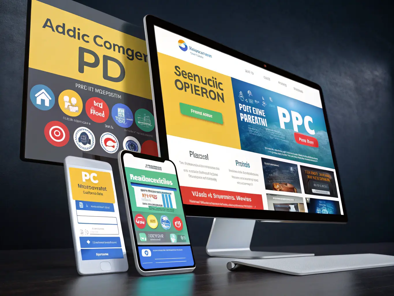A dynamic image showcasing a well-designed and high-converting paid ad campaign across different platforms (Google Ads, social media ads). The image should convey professionalism and results-driven advertising.