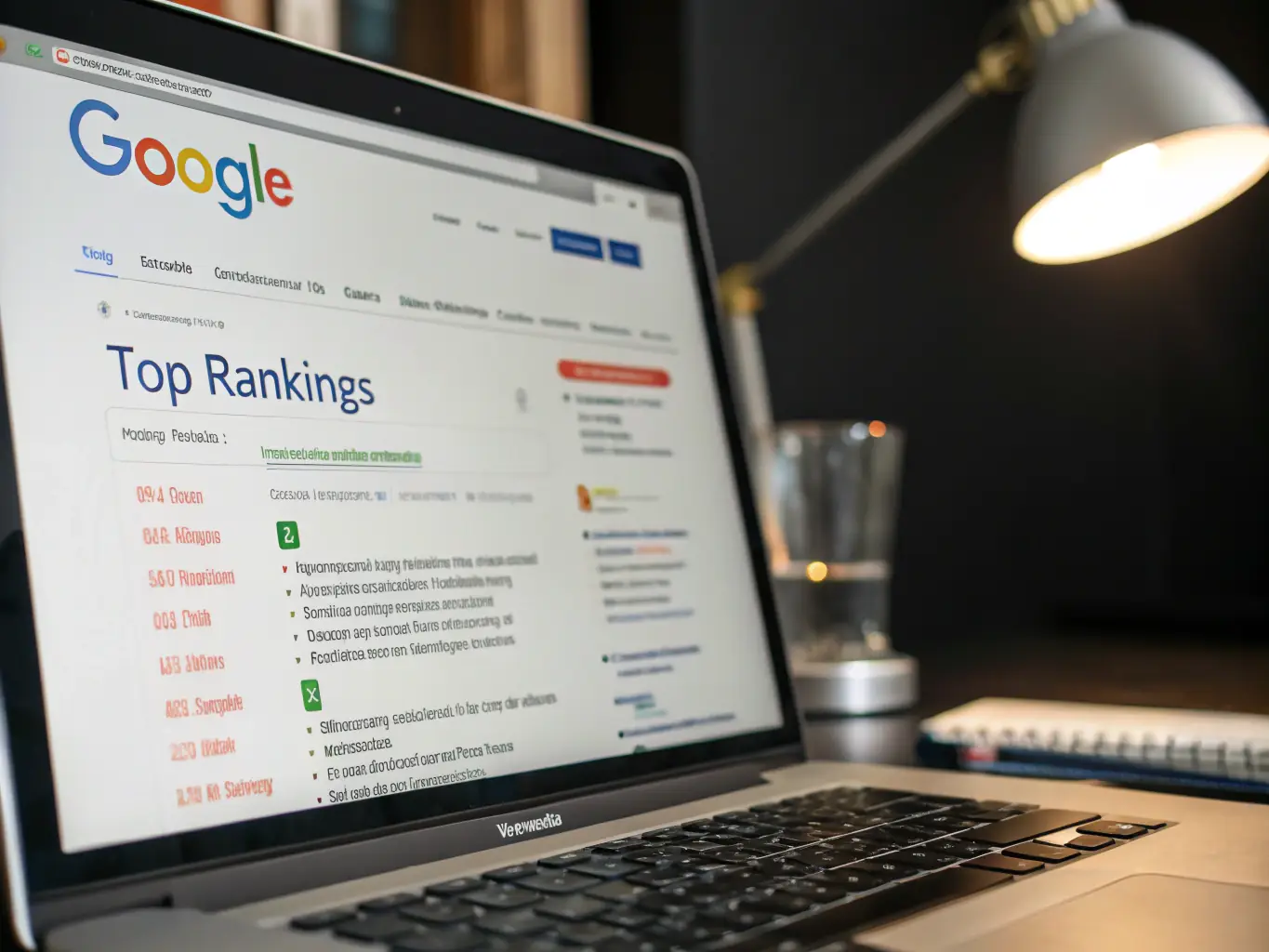 A visually striking image showcasing a search engine results page (SERP) with Luna Mundi's client ranking at the top, emphasizing the effectiveness of their SEO strategies. The image should convey success and high visibility.