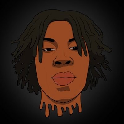 Digital illustration of Ajizo’s face with medium-brown skin tone, short dreadlocks, and defined facial features. The artwork has a bold cartoon style with smooth shading, and the bottom of the neck transitions into a dripping paint effect against a dark circular background.