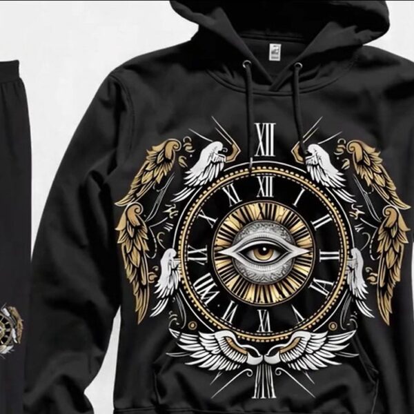 Alt="Luna Mundi logo featuring a gold and black clock with Roman numerals, a central eye at the clock’s center, and four angelic figures with wings encircling the design."