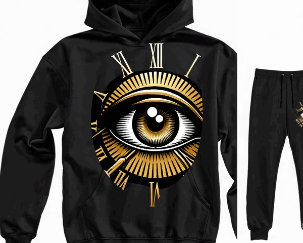 “Black hoodie and sweatpants set with a bold gold and white graphic design. The hoodie features a large central eye inside a clock face with Roman numerals radiating outward. The matching sweatpants display a smaller version of the same eye and clock motif on the upper leg.”