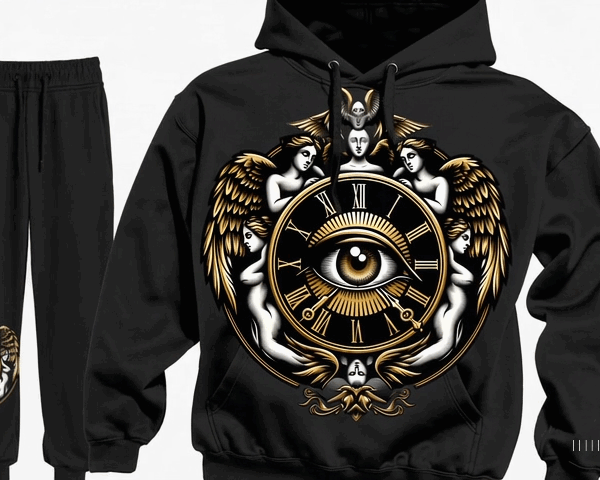 “Black hoodie and sweatpants set featuring a large gold and white graphic design. The hoodie shows a central eye inside a clock face with Roman numerals, surrounded by four winged angelic figures and ornate golden detailing. The sweatpants have a smaller matching eye and clock design on the upper leg.”